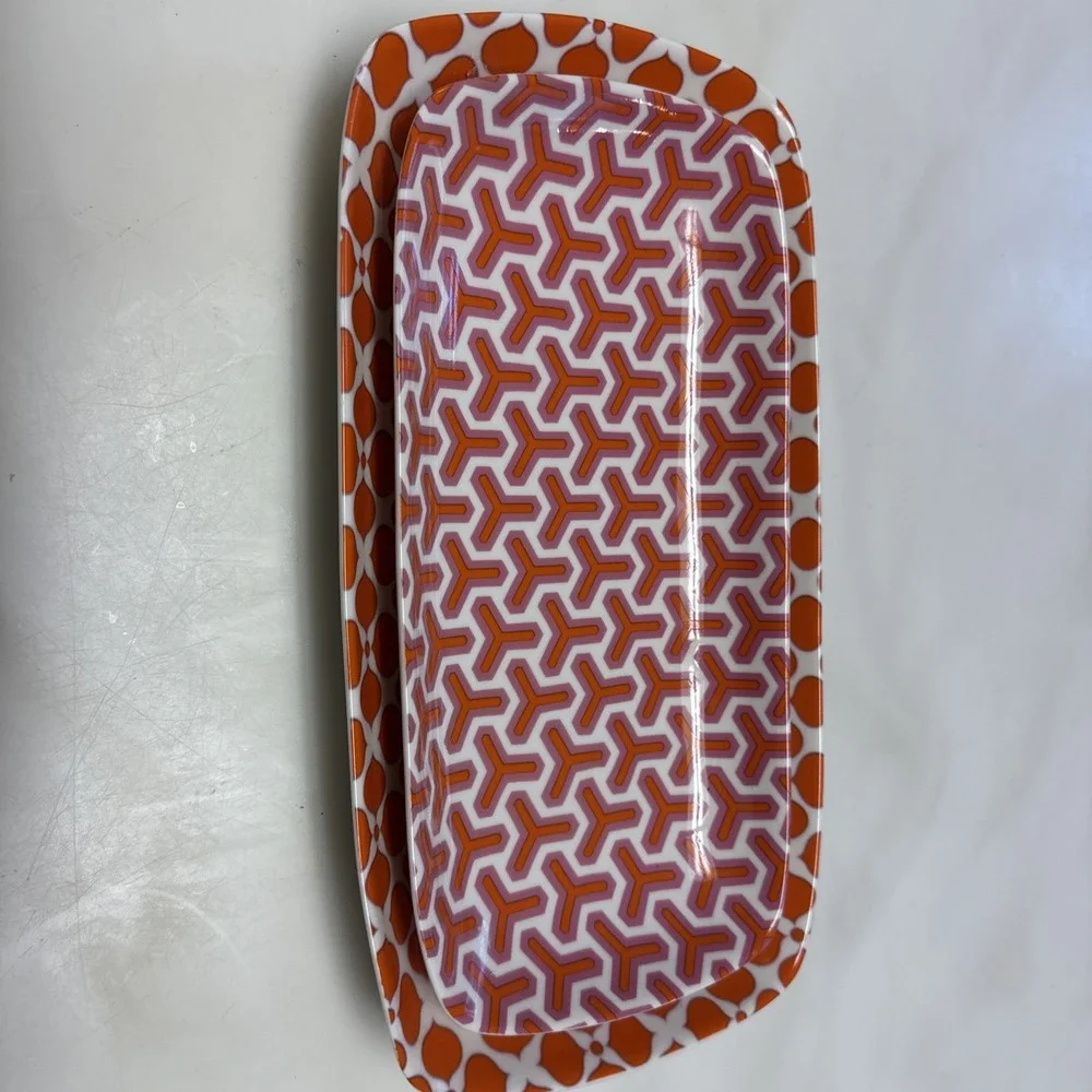 Jonathan Adler Orange Pink Geometric Ceramic Tray Set 2 Catchall /Serving Dishes